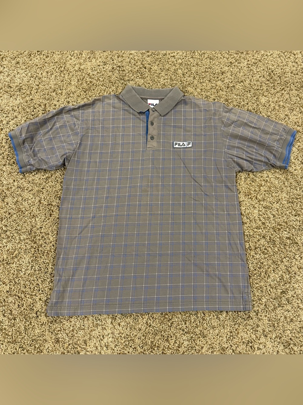 Y2K Fila Embroidered Striped Plaid Preppy Golf Casual Polo Cotton T-Shirt Sz.L
